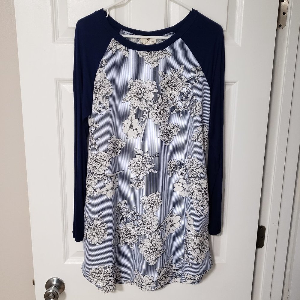 Floral Blue Striped Tunic Dress w/ Pockets
